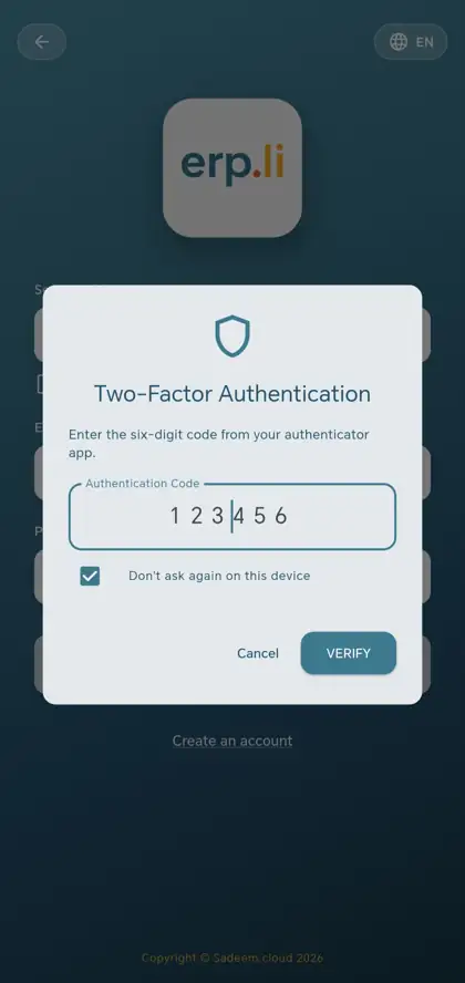 erp.li two-factor authentication screen for Odoo login