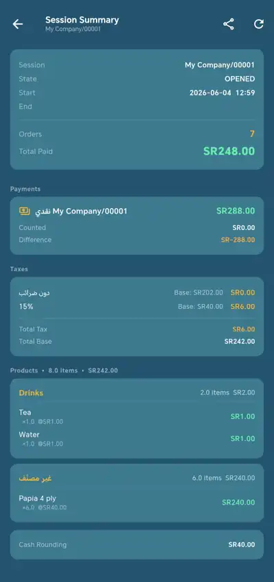 erp.li POS session summary with payments, taxes and sales by category