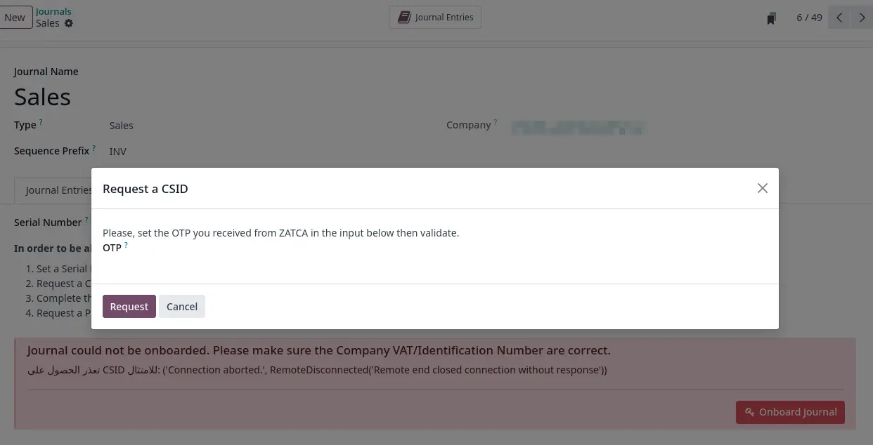 ZATCA onboarding wizard and OTP entry on an Odoo journal