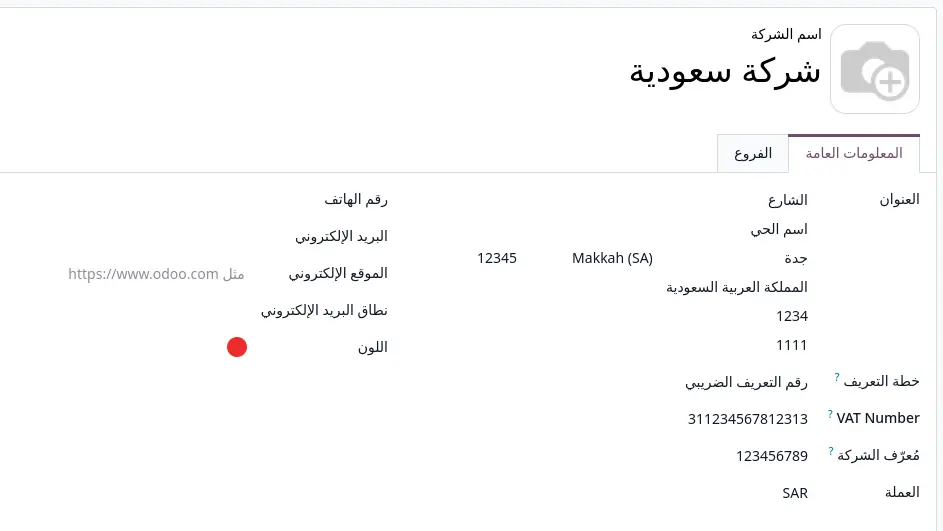 Saudi company data configuration in Odoo settings